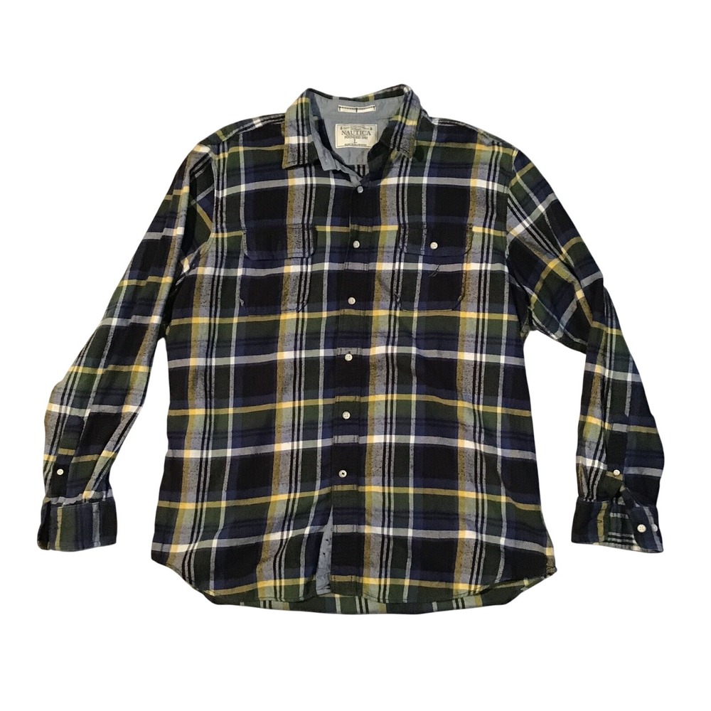 Nautica Button Up Long Sleeves Plaid Navy Blue With Yellow Casual Fit Men's Sz L